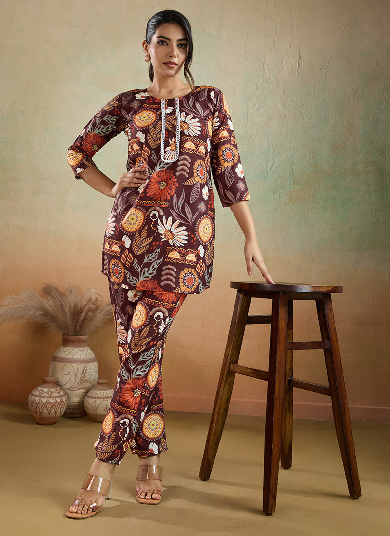 Prazu Fashion Brown Printed Cotton Reyon Festival Wear Co-Ord Set