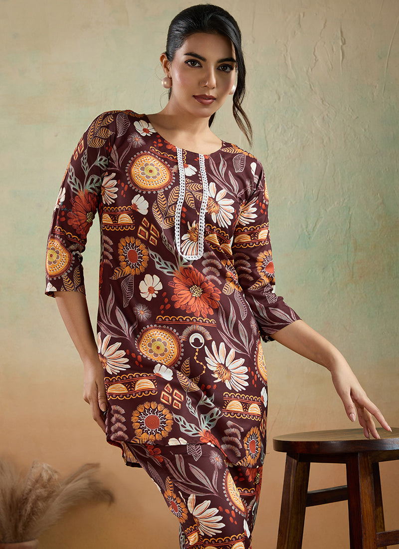 Prazu Fashion Brown Printed Cotton Reyon Festival Wear Co-Ord Set