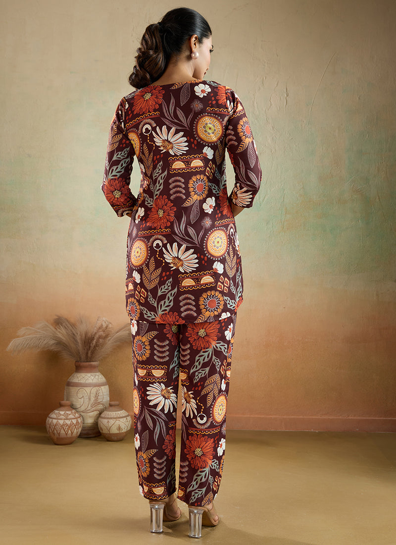 Prazu Fashion Brown Printed Cotton Reyon Festival Wear Co-Ord Set