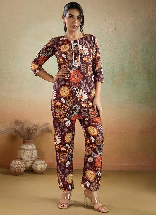 Prazu Fashion Brown Printed Cotton Reyon Festival Wear Co-Ord Set