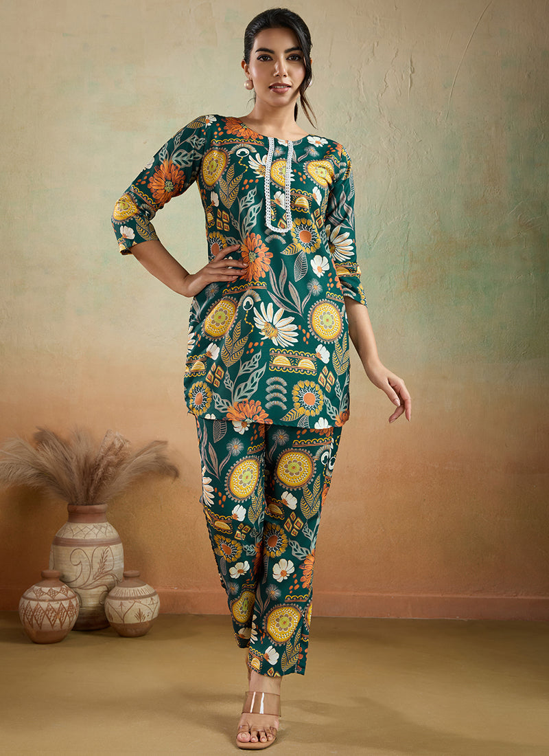 Prazu Fashion Green Printed Cotton Reyon Festival Wear Co-Ord Set