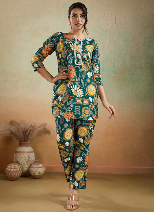 Prazu Fashion Green Printed Cotton Reyon Festival Wear Co-Ord Set