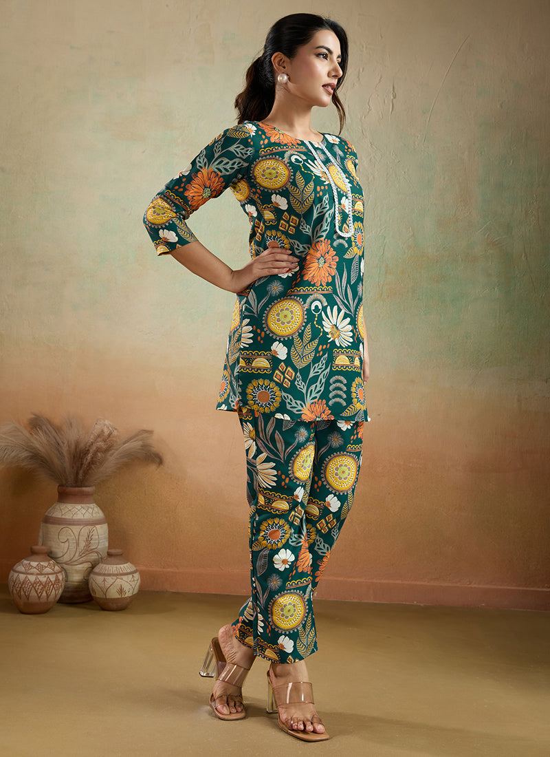 Prazu Fashion Green Printed Cotton Reyon Festival Wear Co-Ord Set