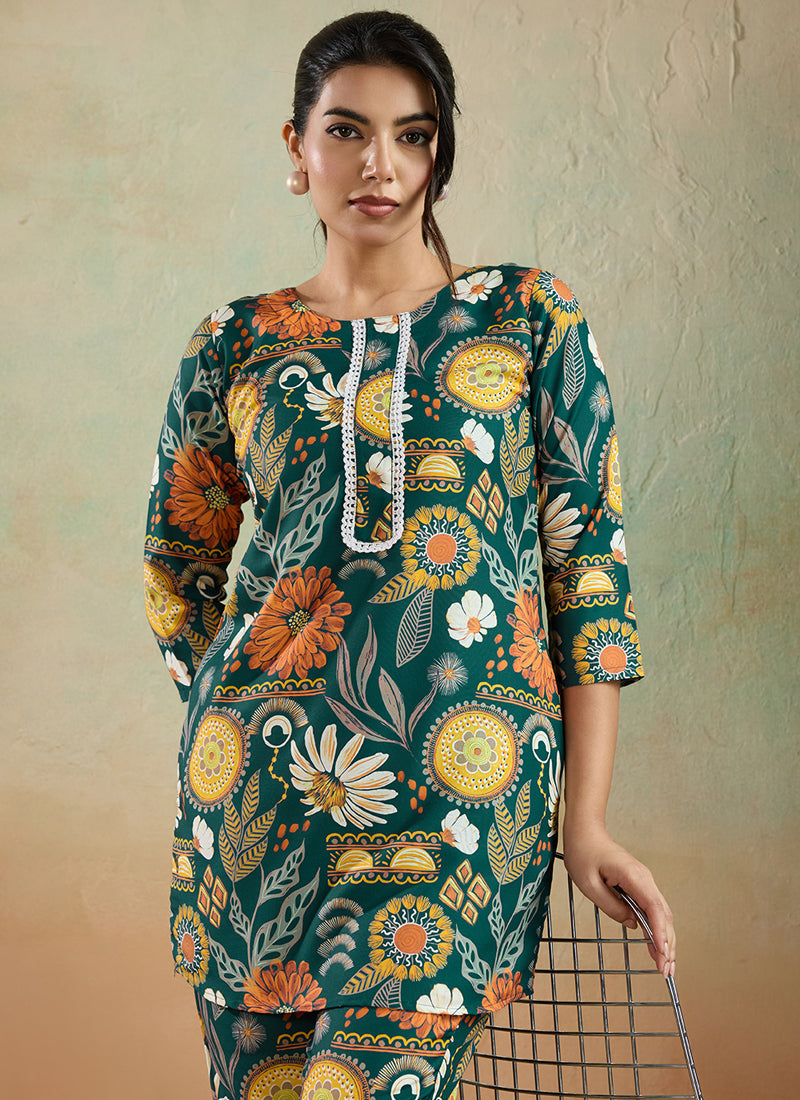 Prazu Fashion Green Printed Cotton Reyon Festival Wear Co-Ord Set
