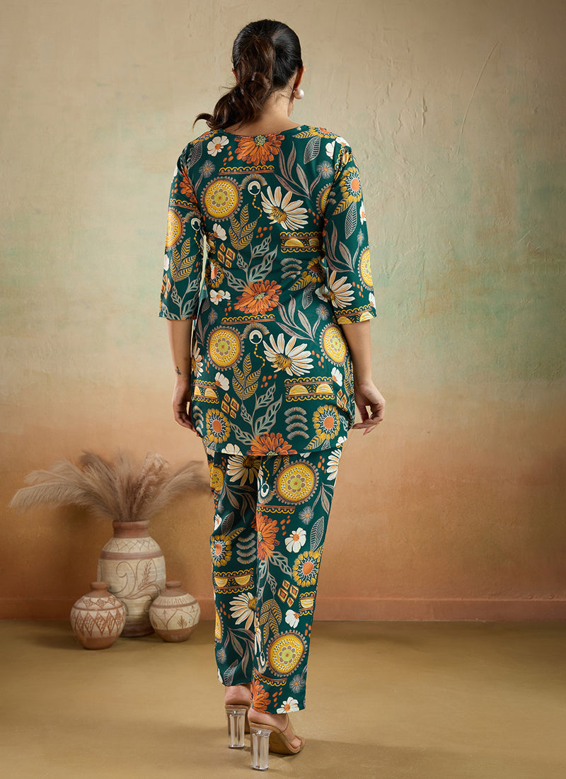 Prazu Fashion Green Printed Cotton Reyon Festival Wear Co-Ord Set