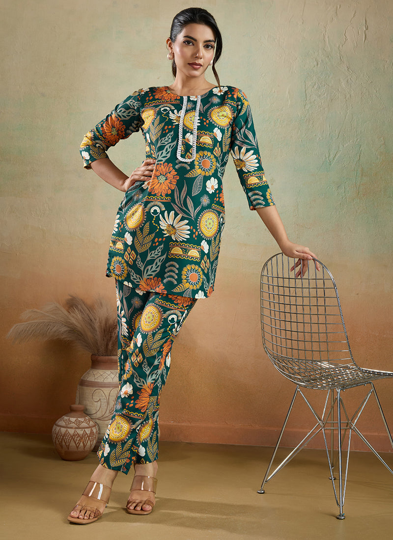 Prazu Fashion Green Printed Cotton Reyon Festival Wear Co-Ord Set