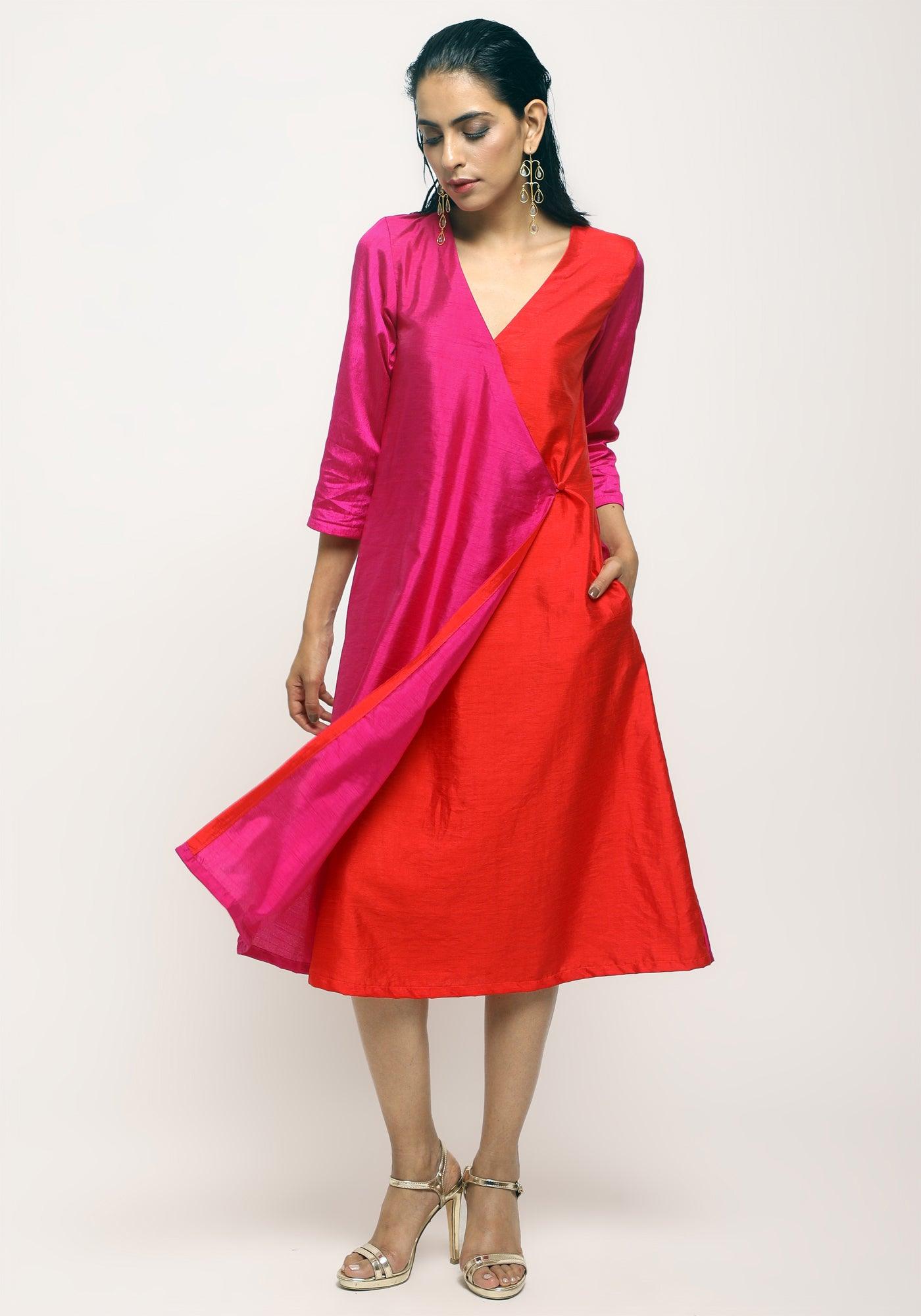 trueBrowns Pink Contrast Overlap Dress 