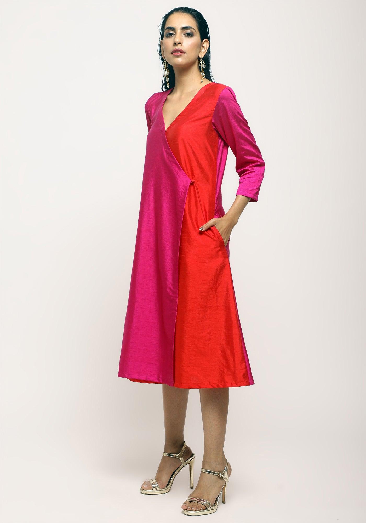 trueBrowns Pink Contrast Overlap Dress 