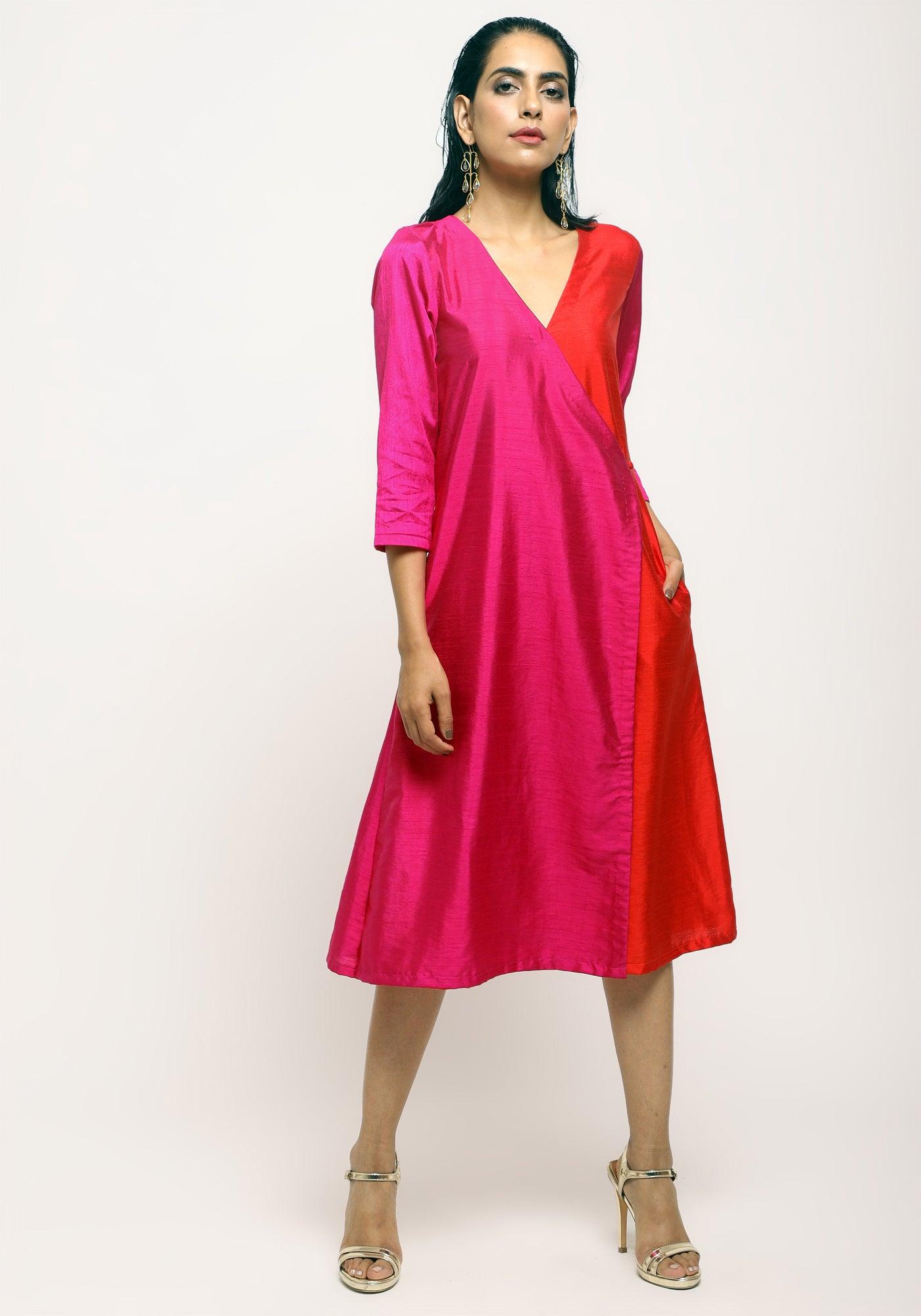 trueBrowns Pink Contrast Overlap Dress 