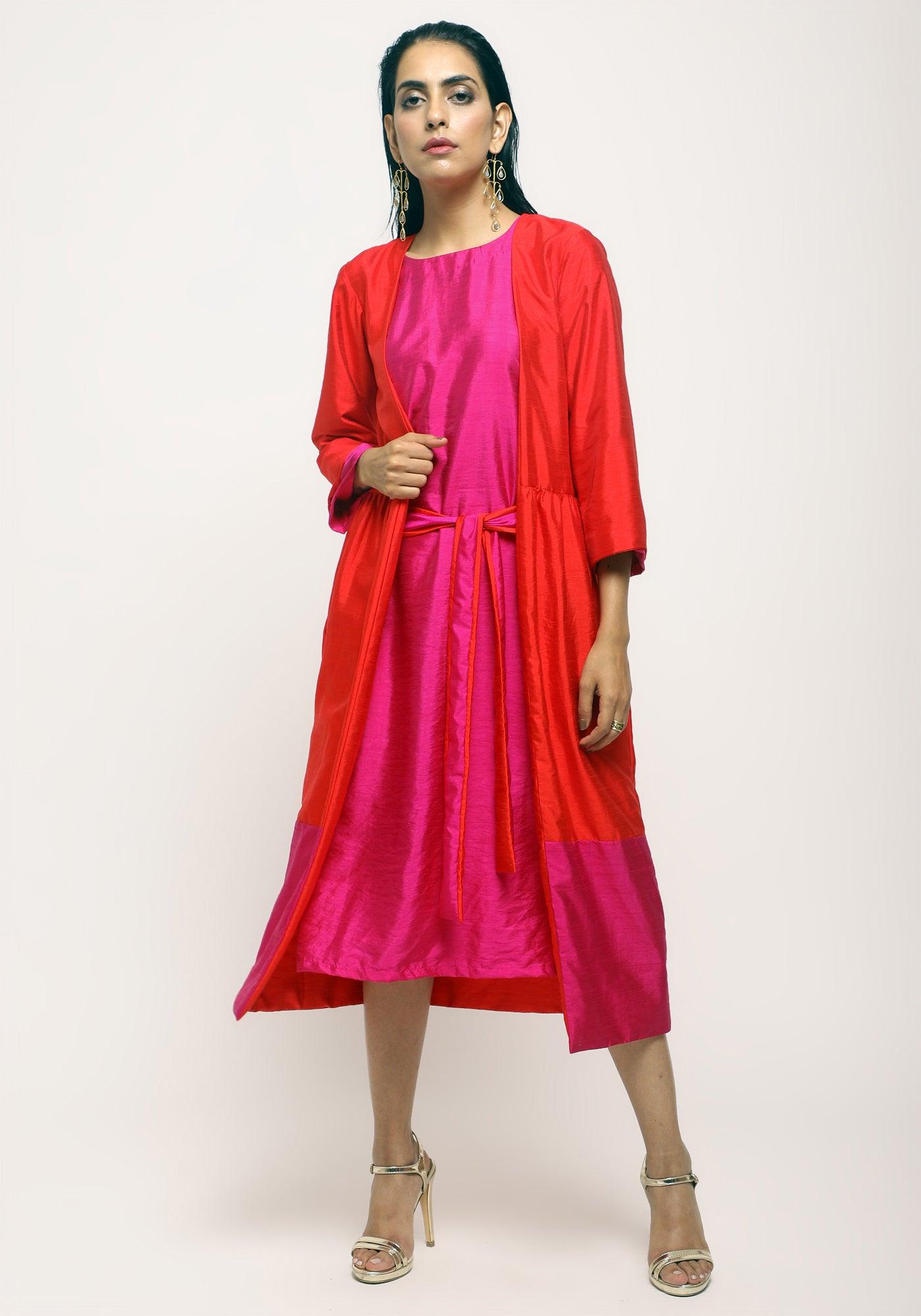 trueBrowns Orange Pink Jacket Dress Set | Swadesiicart