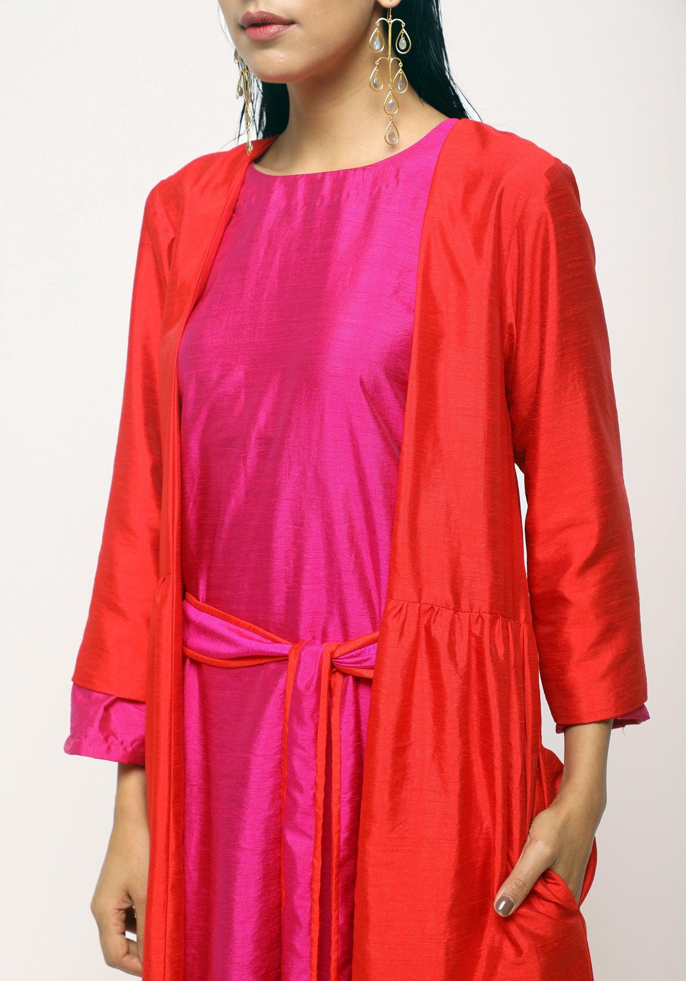 trueBrowns Orange Pink Jacket Dress Set | Swadesiicart