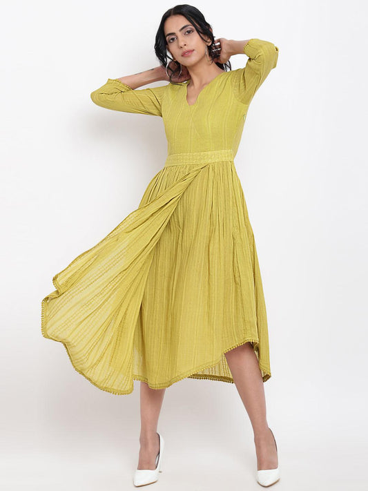 trueBrowns Cotton Overlap Flare Dress - Green 