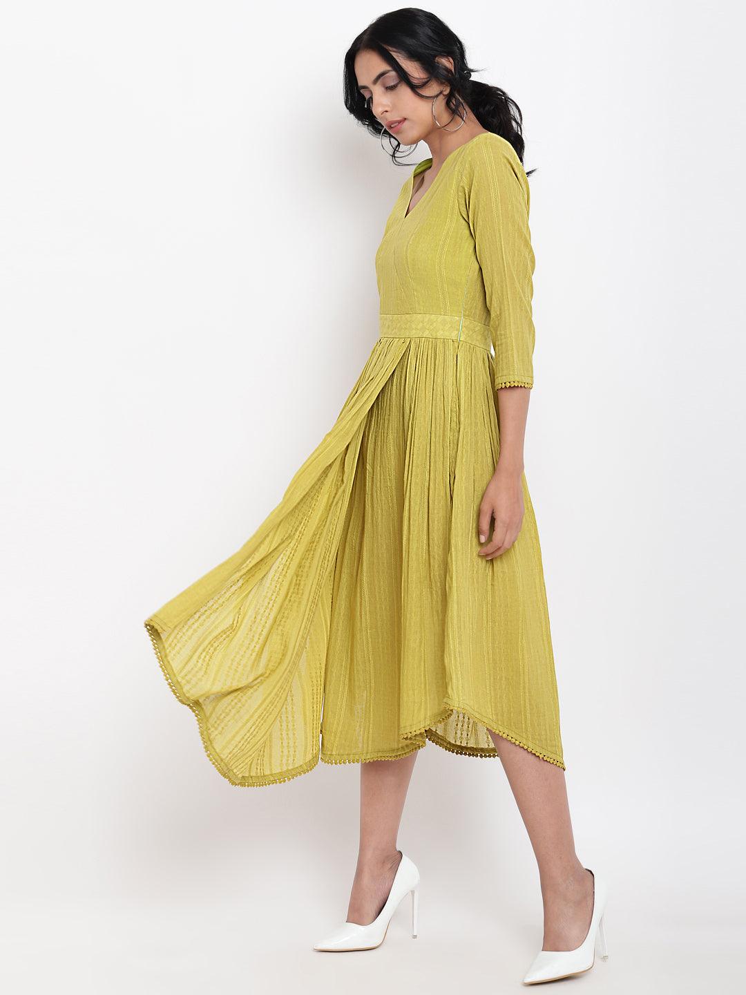 trueBrowns Cotton Overlap Flare Dress - Green 