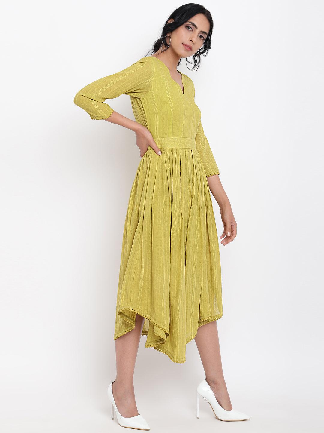trueBrowns Cotton Overlap Flare Dress - Green 