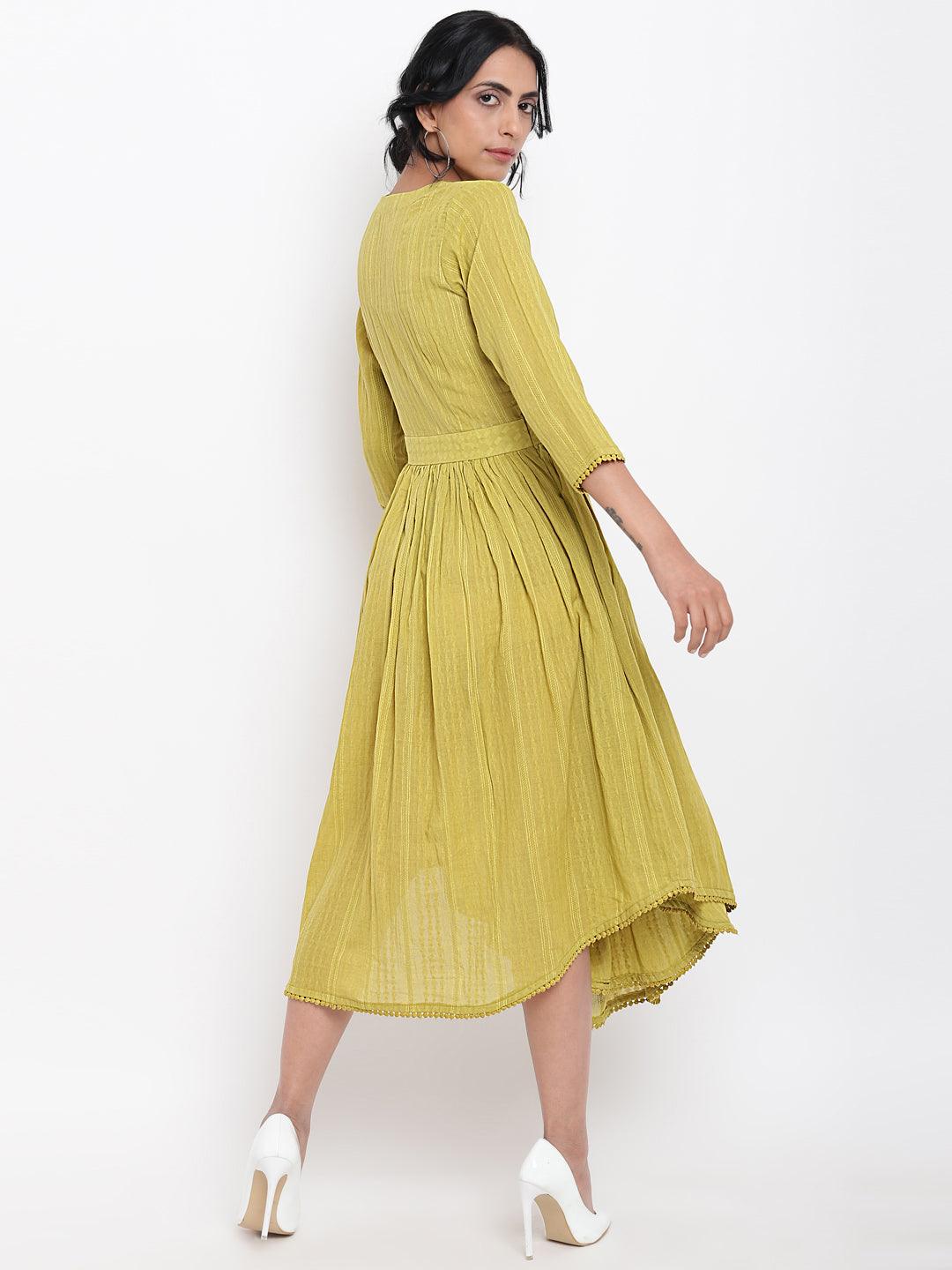 trueBrowns Green Cotton Overlap Flare Dress 