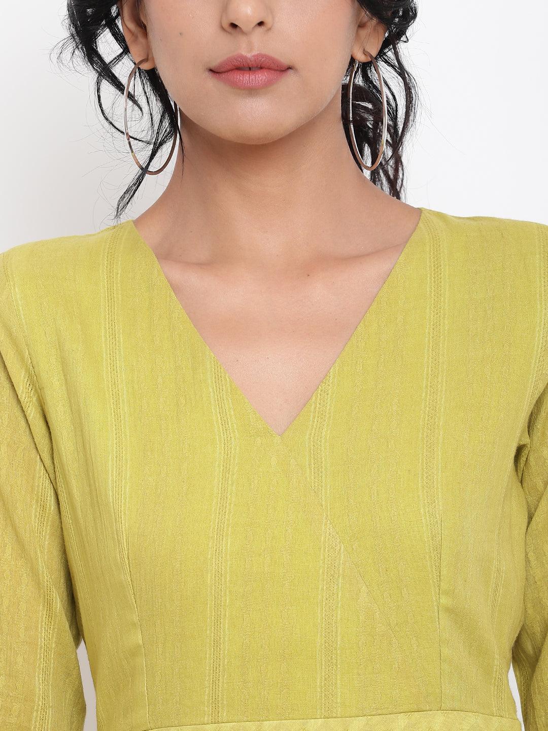 trueBrowns Cotton Overlap Flare Dress - Green 
