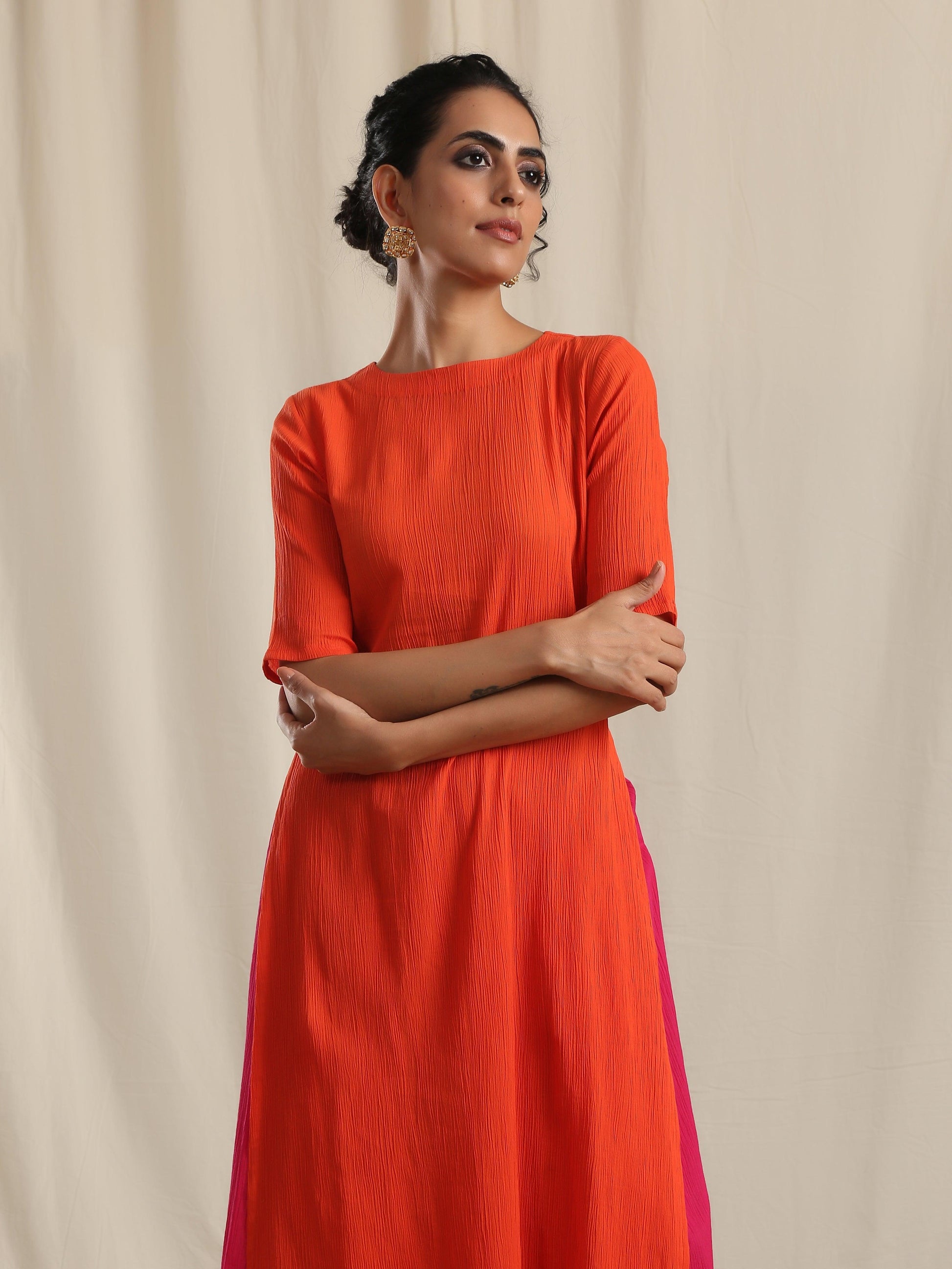 trueBrowns Orange Crinkle Slit Kurta Pant Set 