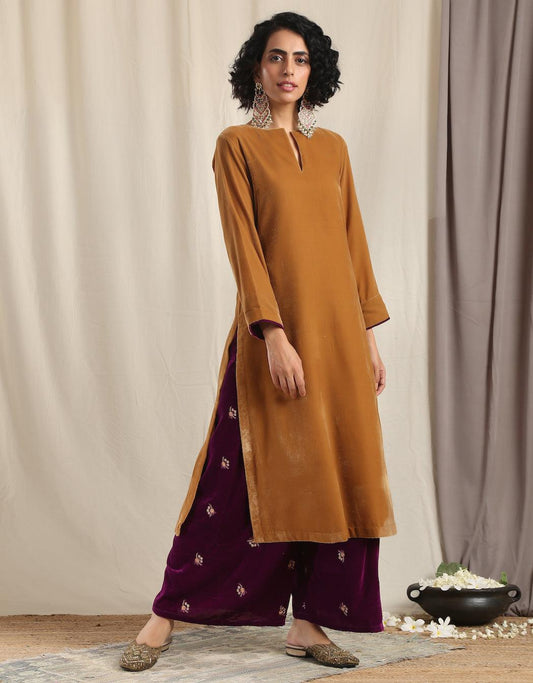 trueBrowns Brown Velvet Slit Kurta 