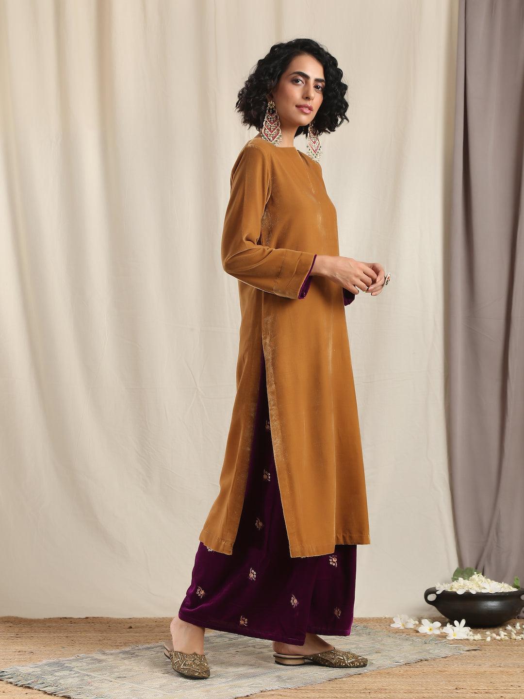 trueBrowns Brown Velvet Slit Kurta 