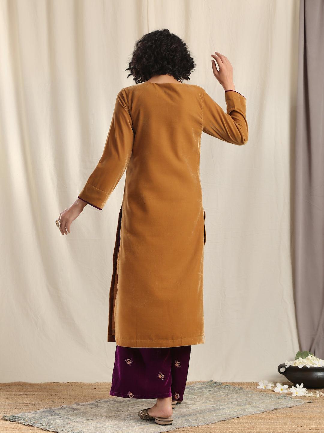 trueBrowns Brown Velvet Slit Kurta 