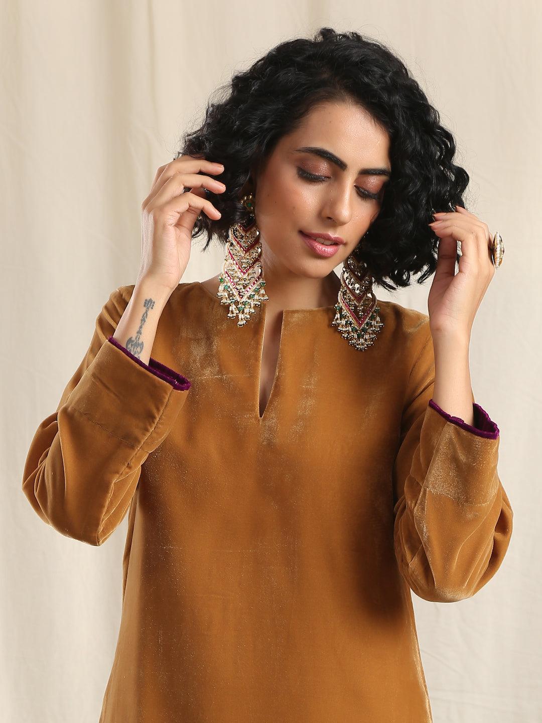 trueBrowns Brown Velvet Slit Kurta 