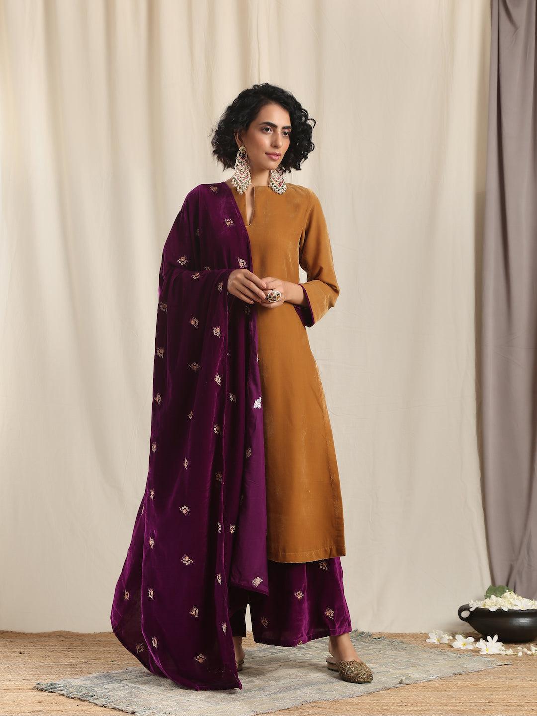 trueBrowns Brown Velvet Slit Kurta 