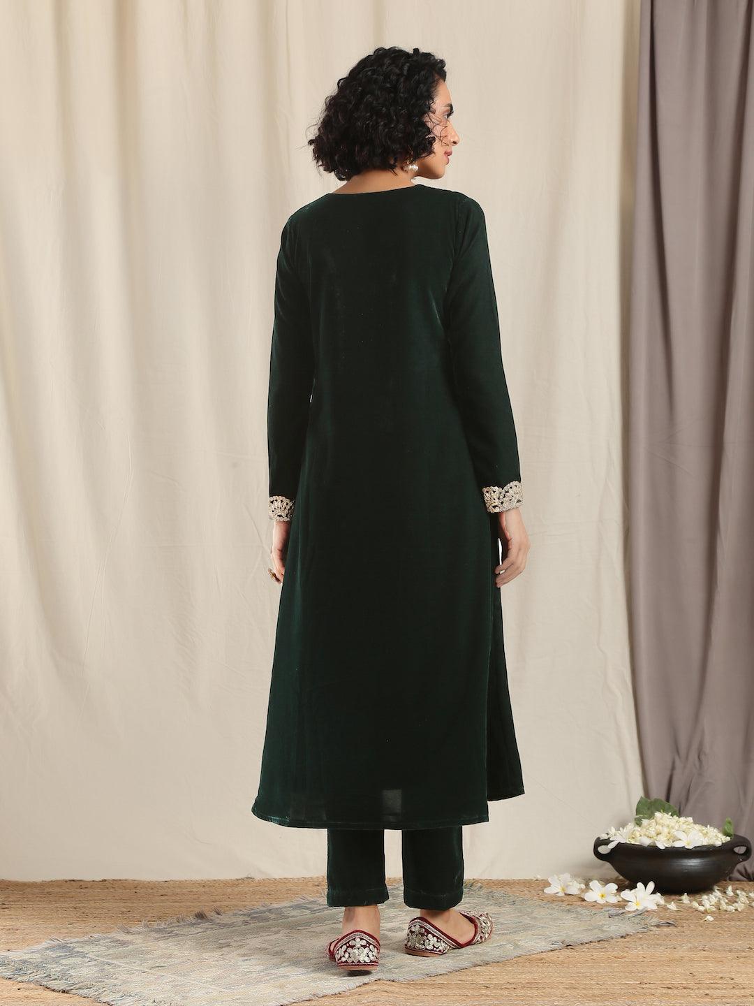 trueBrowns Green Velvet Flared Gota Kurta 