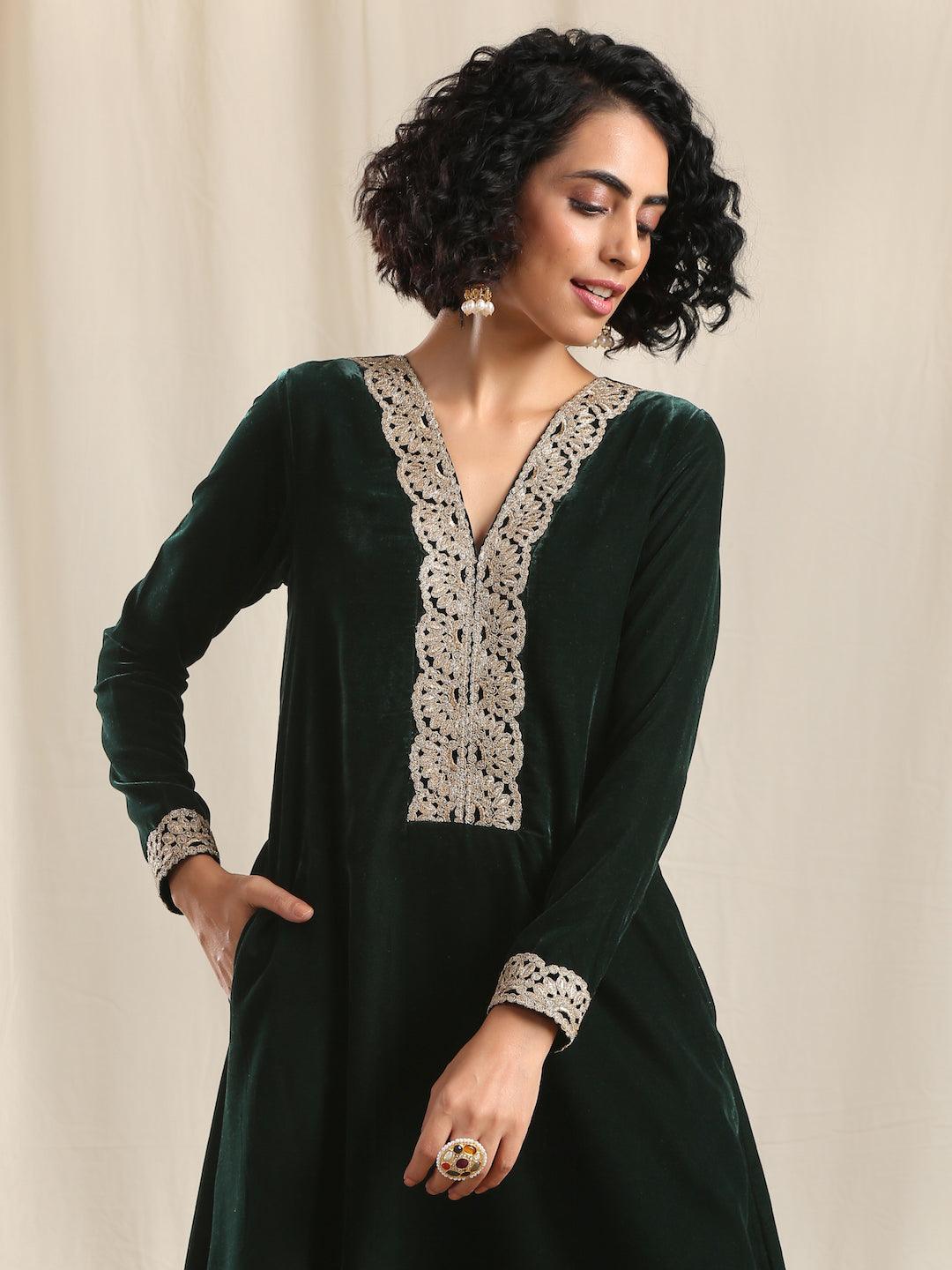 trueBrowns Green Velvet Flared Gota Kurta 