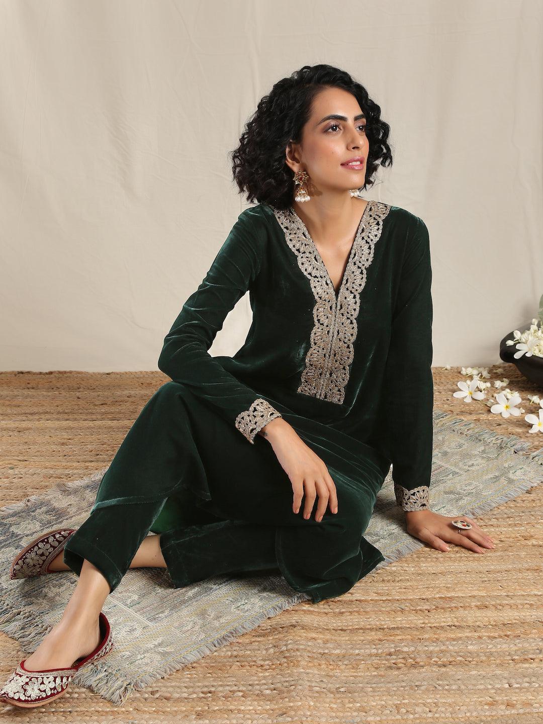 trueBrowns Green Velvet Flared Gota Kurta 