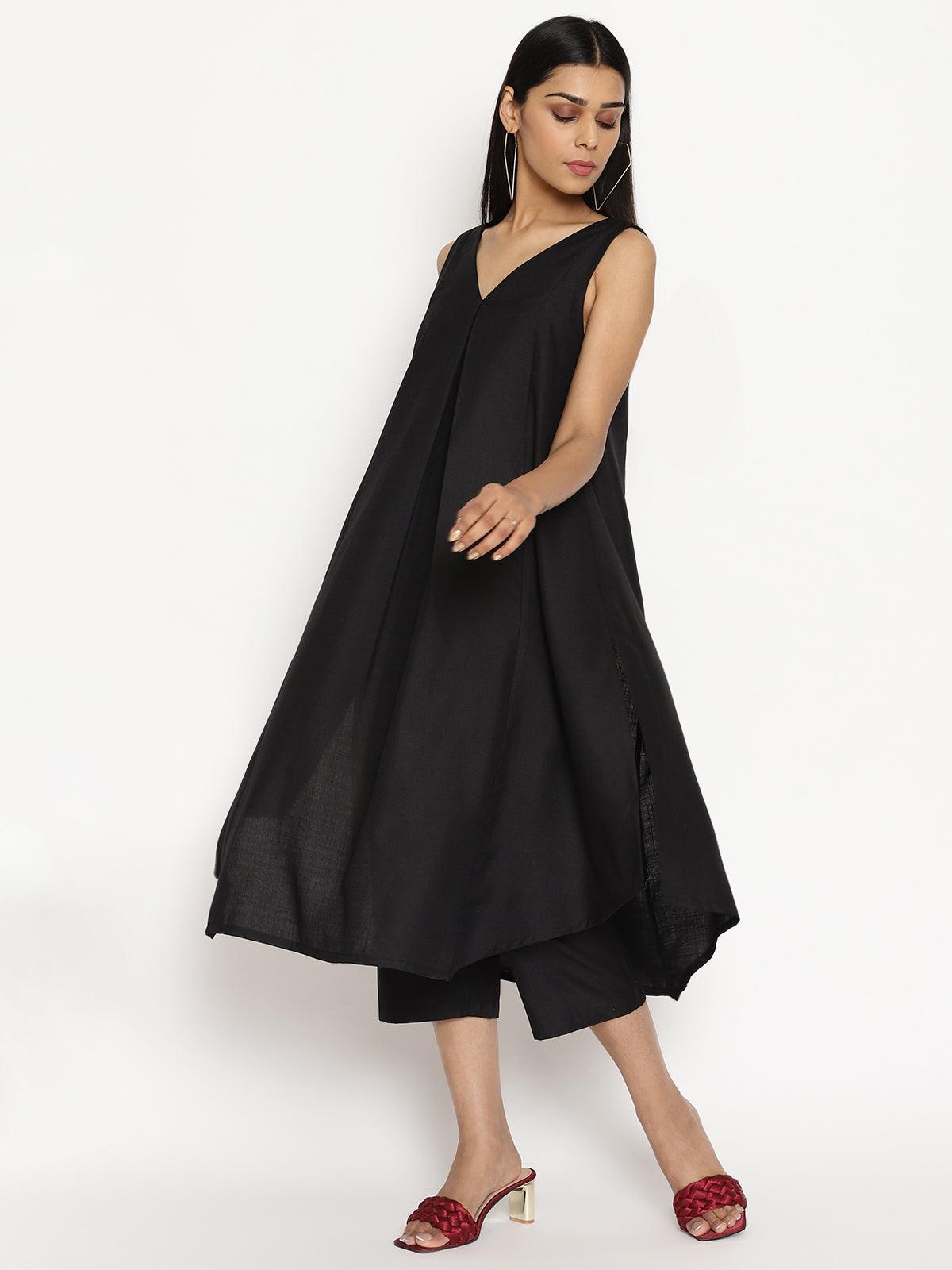 trueBrowns Cotton Linen Black Sleeveless Flared Kurta Pant 