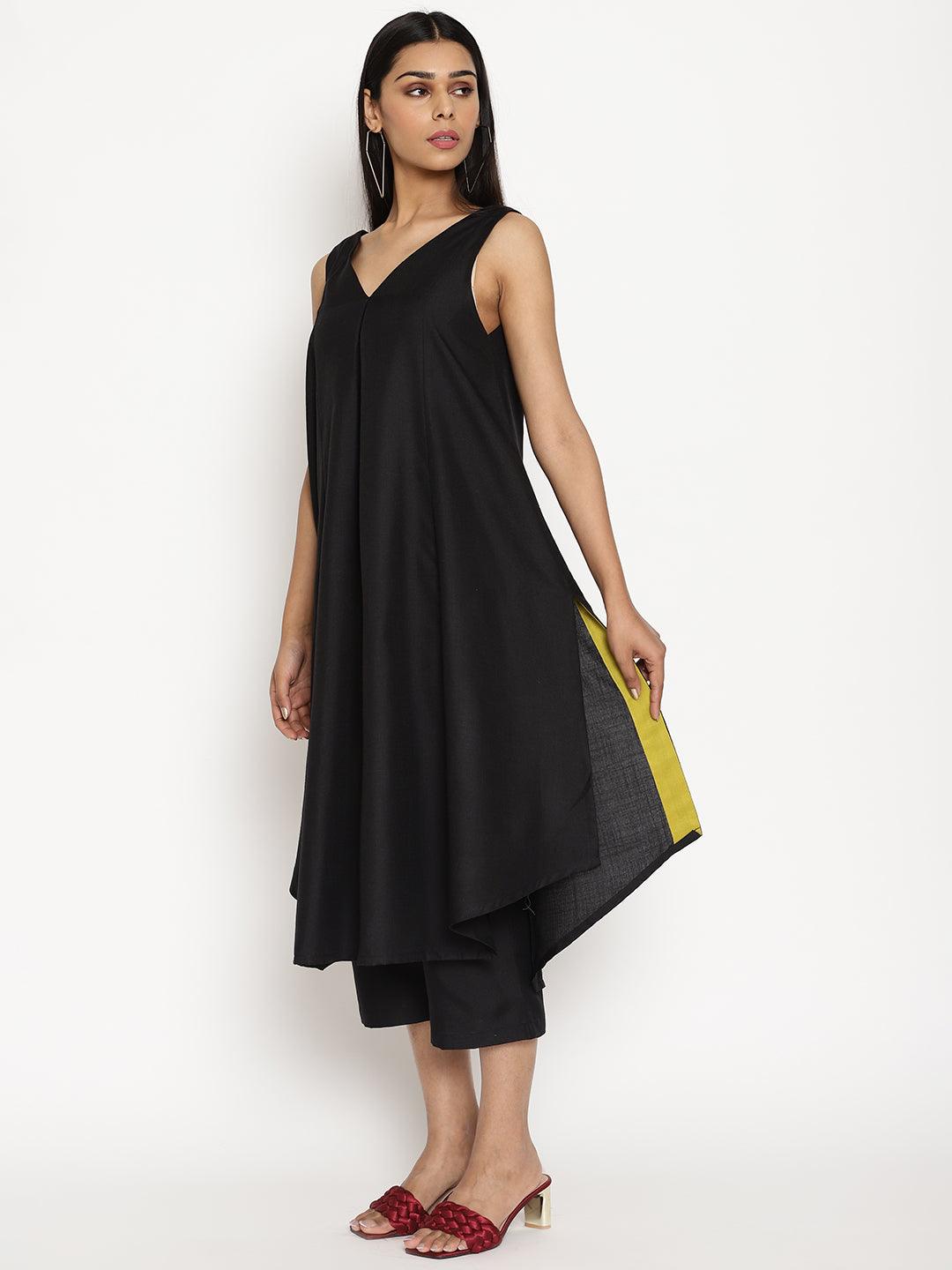 trueBrowns Cotton Linen Black Sleeveless Flared Kurta Pant 