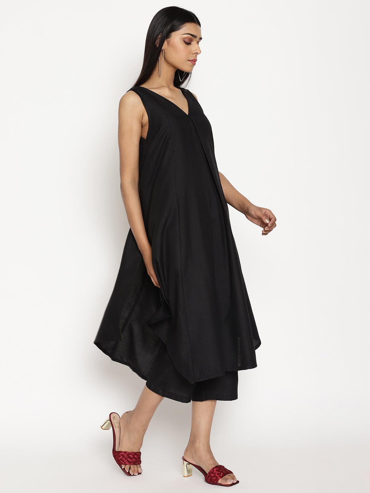 trueBrowns Cotton Linen Black Sleeveless Flared Kurta Pant 