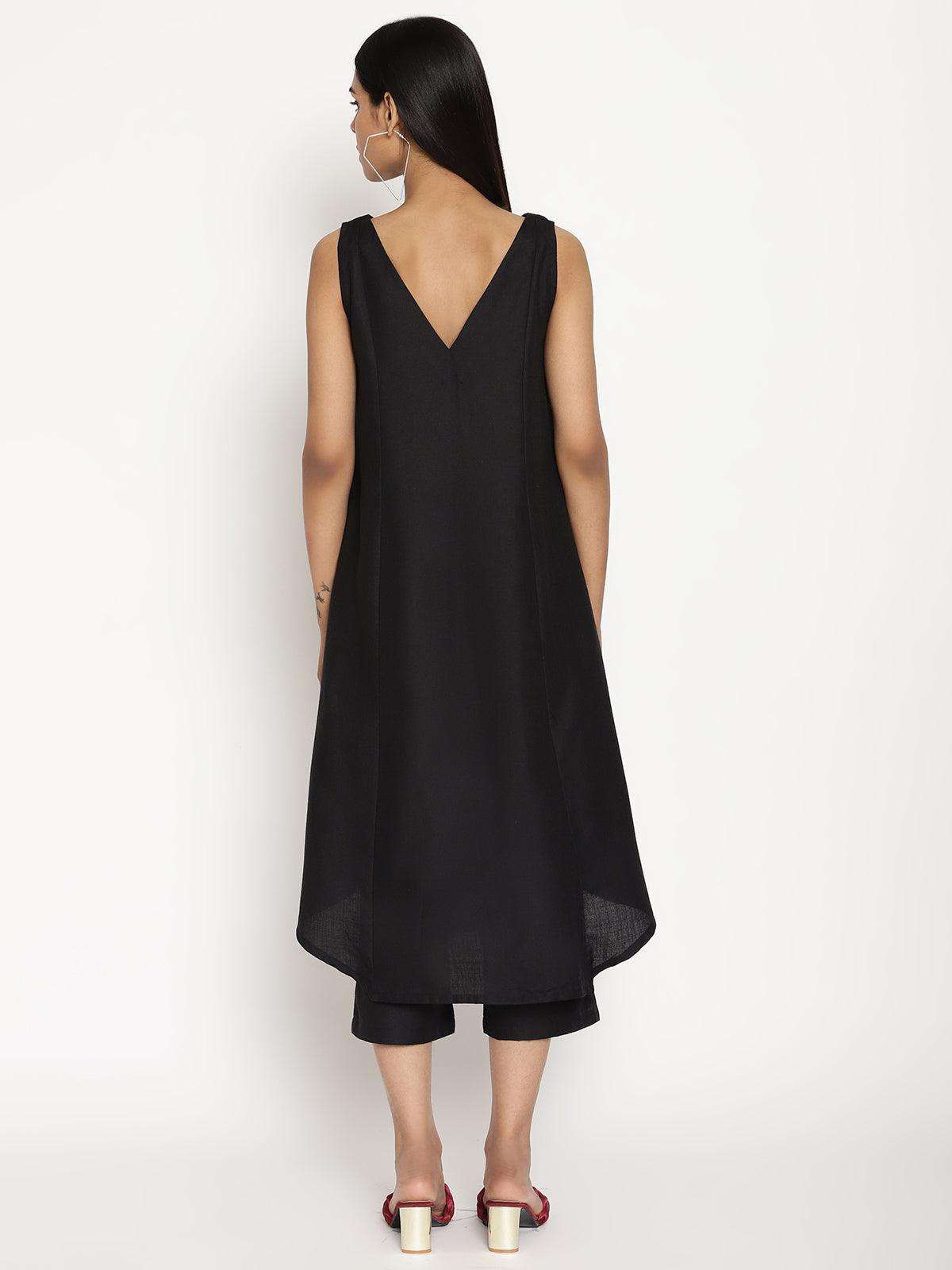trueBrowns Cotton Linen Black Sleeveless Flared Kurta Pant 