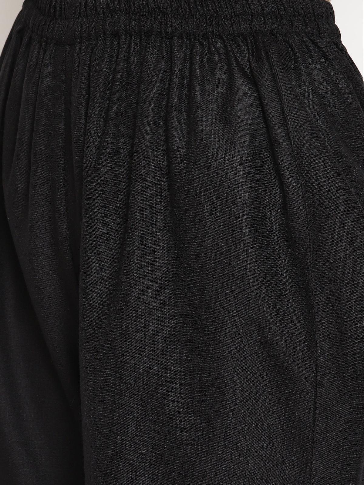 trueBrowns Cotton Linen Black Sleeveless Flared Kurta Pant 
