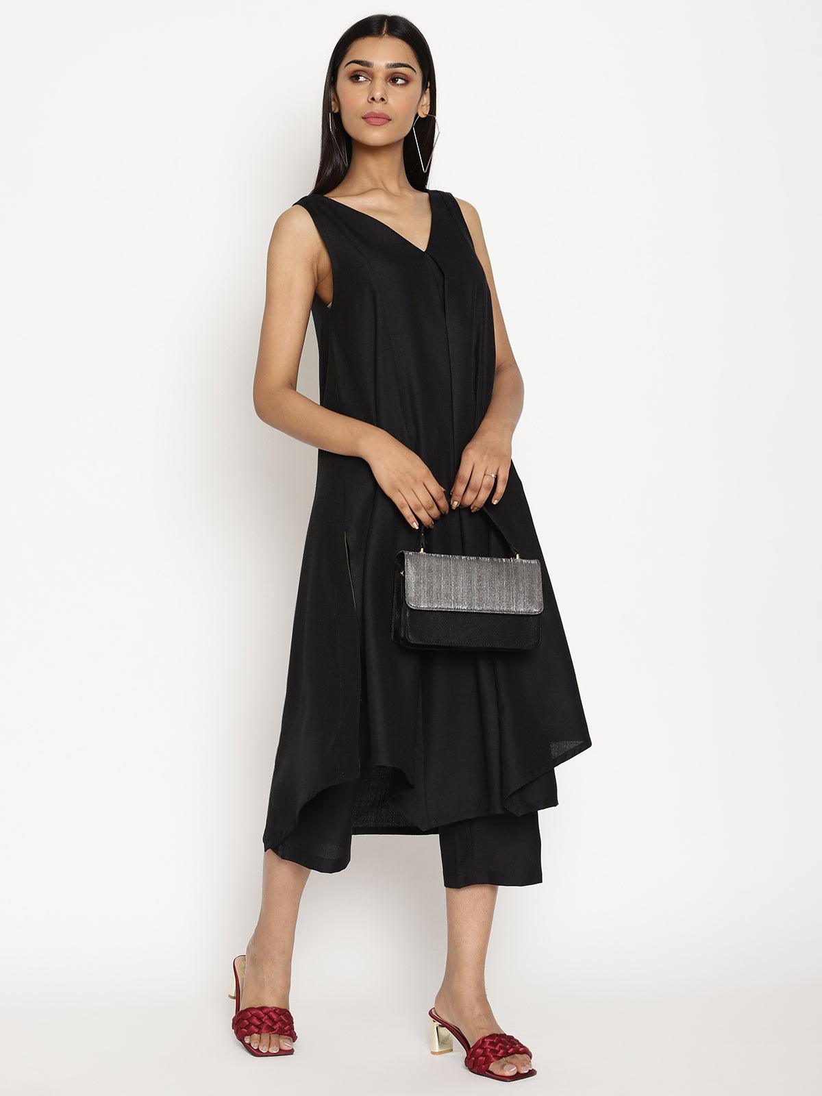 trueBrowns Cotton Linen Black Sleeveless Flared Kurta Pant 