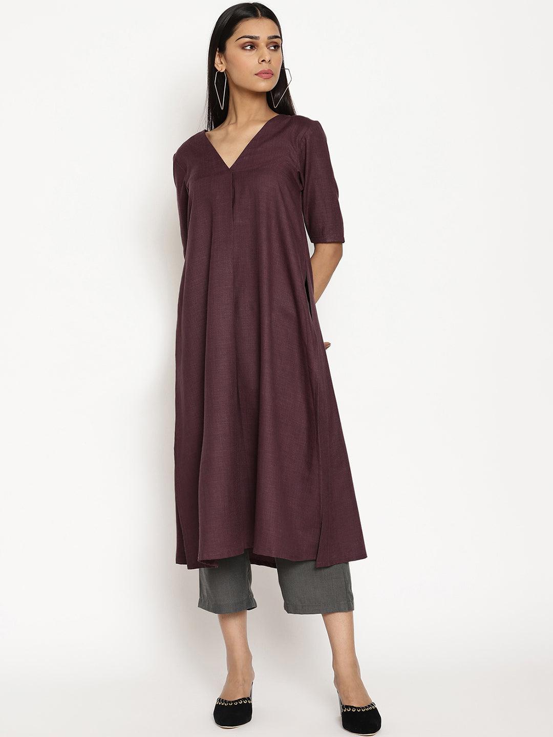 trueBrowns Cotton Linen Purple Kurta Pant Set 