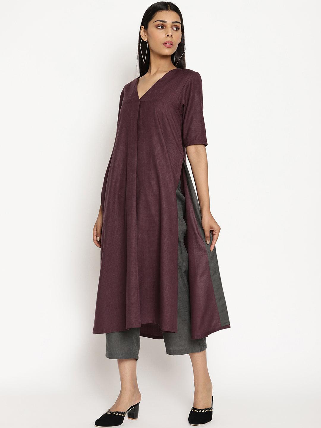 trueBrowns Cotton Linen Purple Kurta Pant Set 