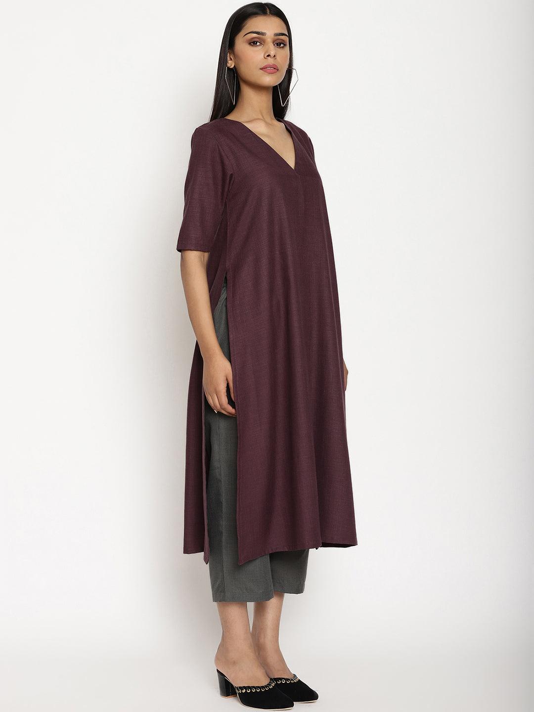 trueBrowns Cotton Linen Purple Kurta Pant Set 