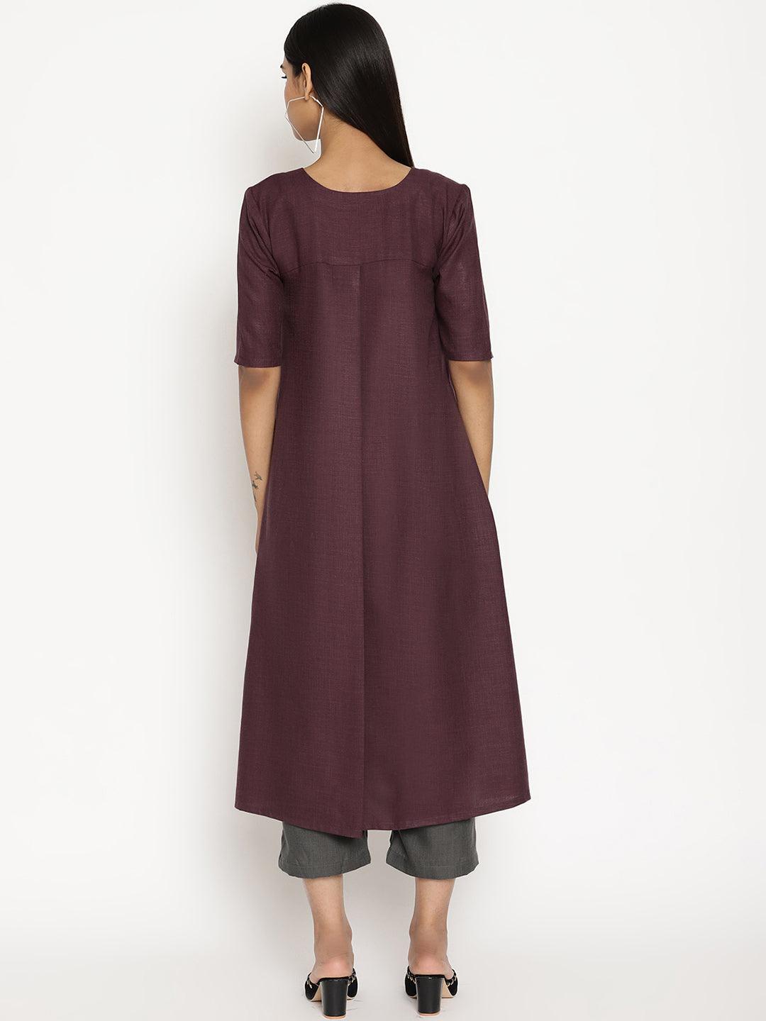 trueBrowns Cotton Linen Purple Kurta Pant Set 