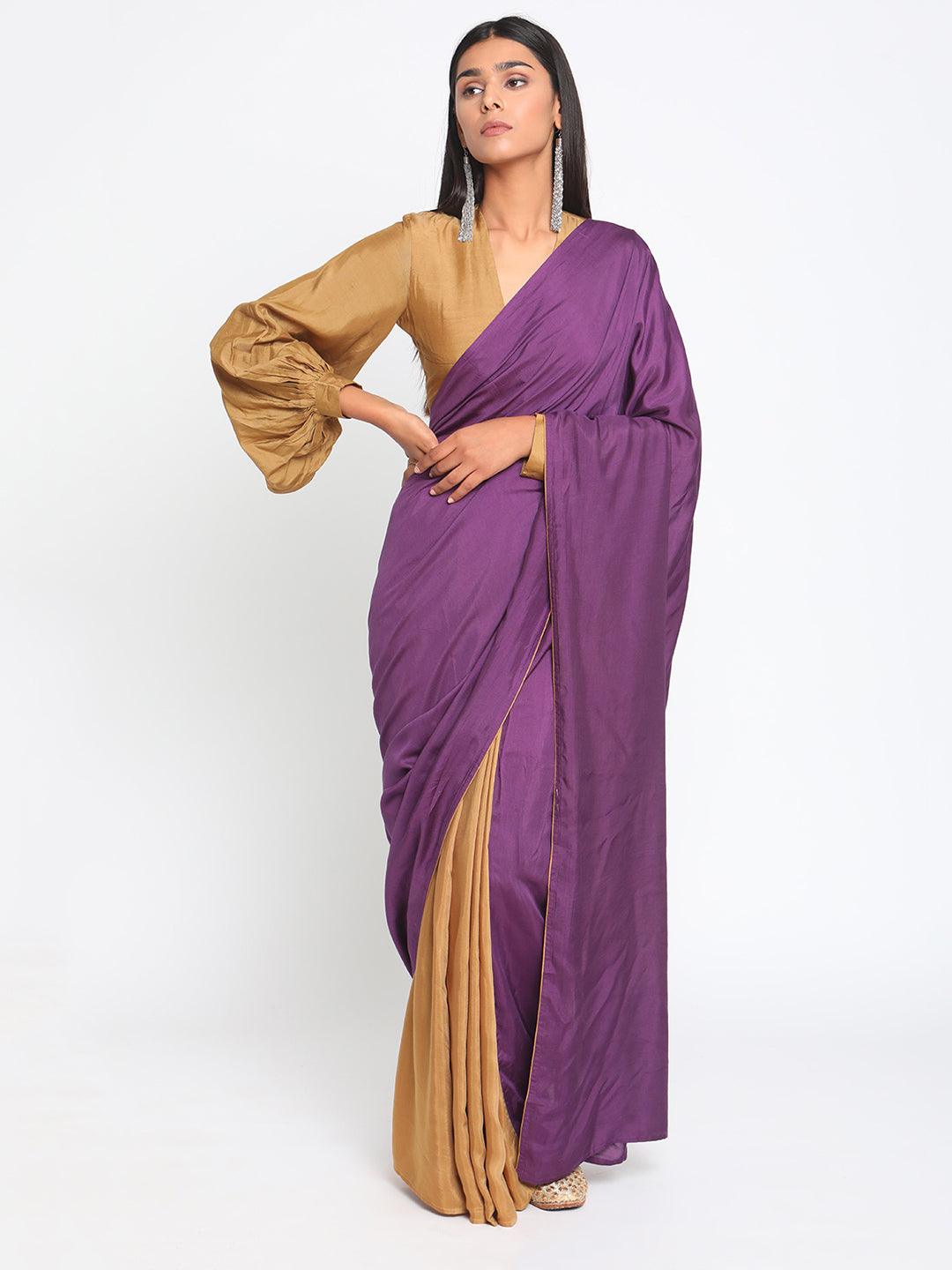 trueBrowns Silk Purple Gathered Sleeve Blouse | Swadesiicart