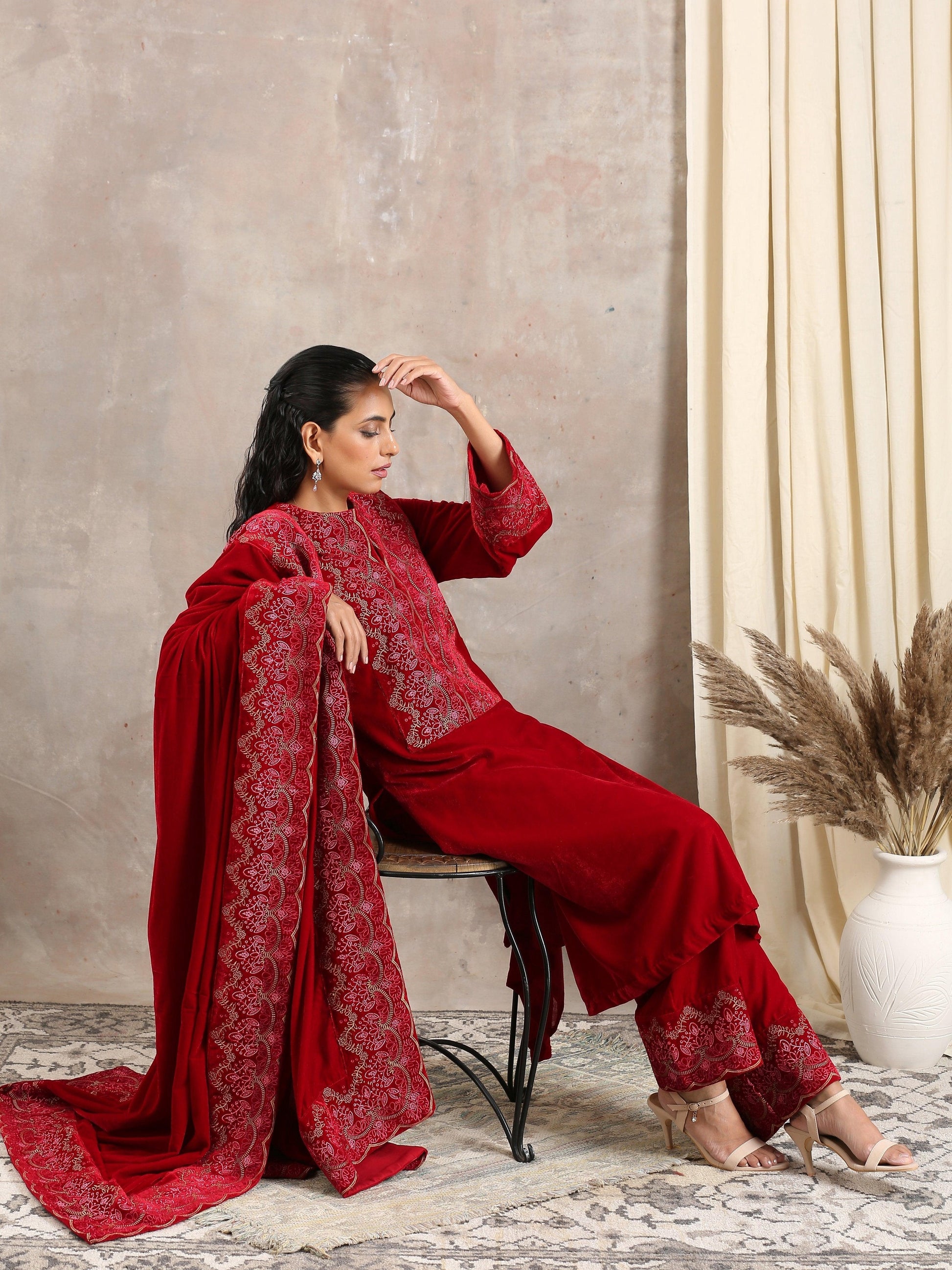 trueBrowns Red Velvet Embroidered Pant | Swadesiicart