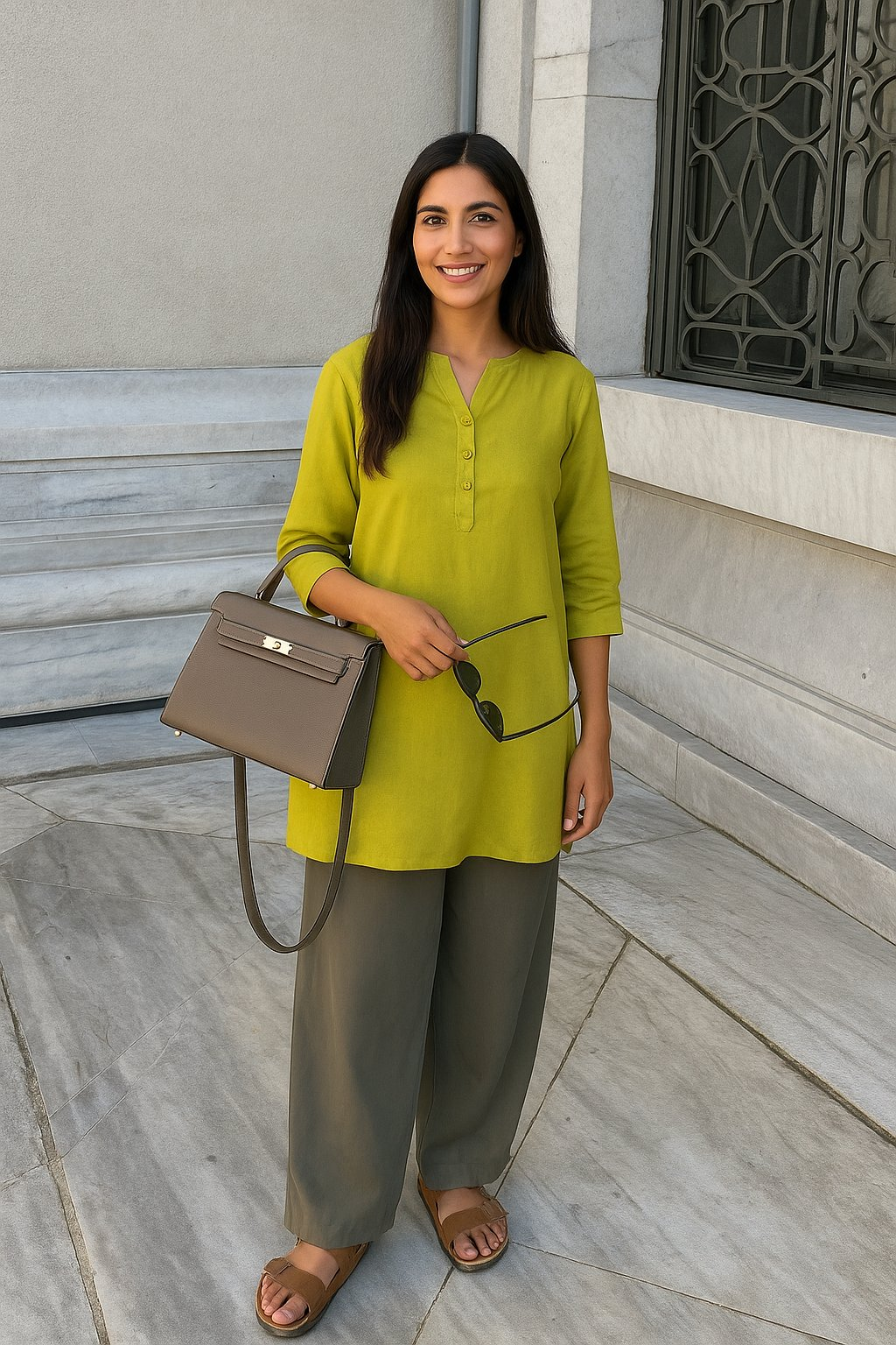 trueBrowns Lime Cotton Blend Short Kurta 