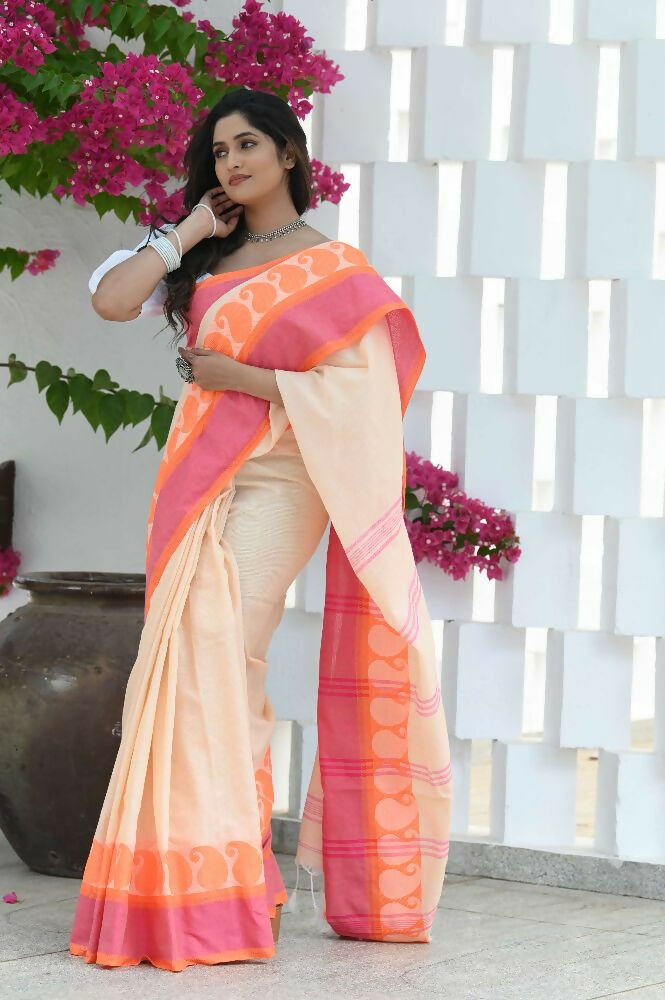 Beatitude Cream Cotton Paisley Border Tangail Handloom Saree