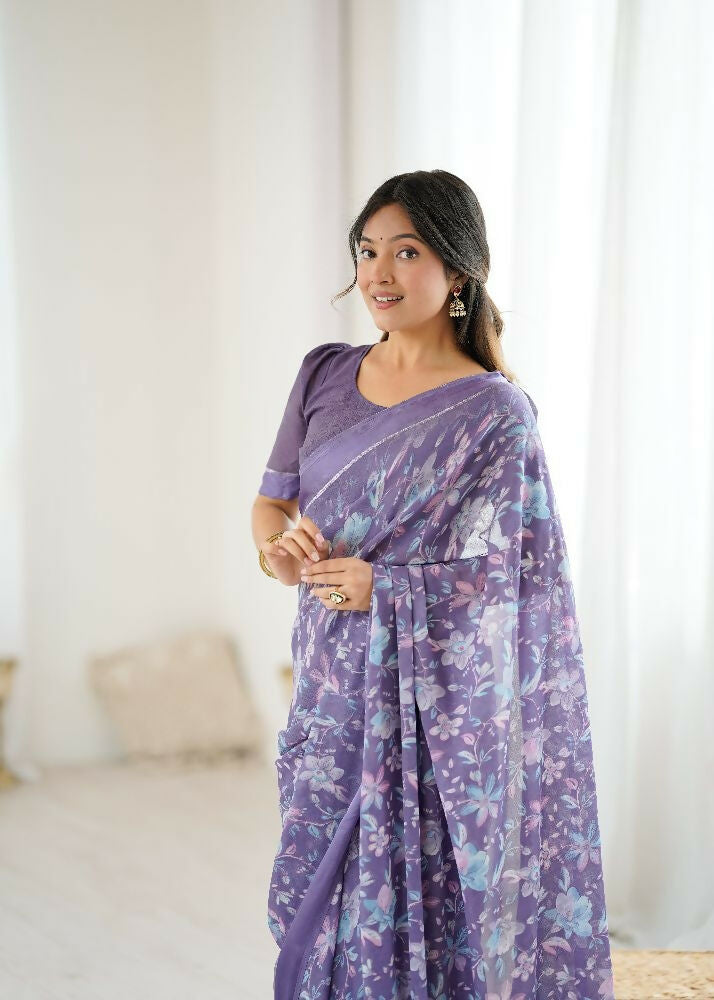 PR Fashion Lavender Bright Moss Satin Patta Printed Saree