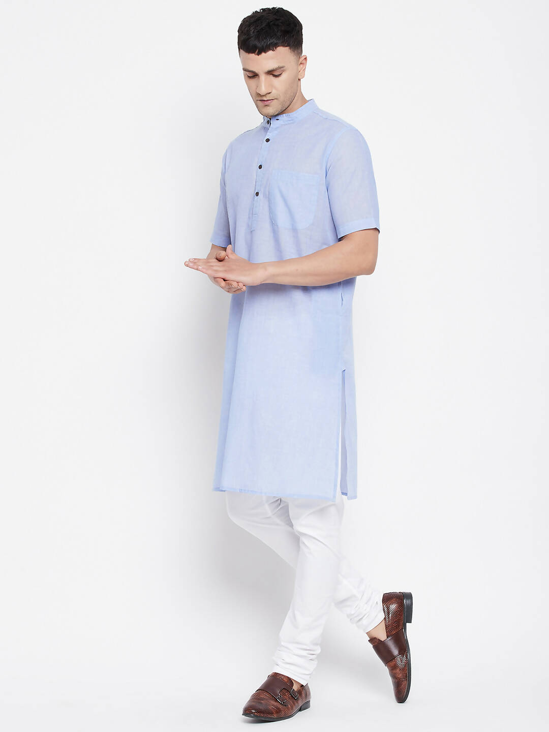Even Apparels Blue Pure Cotton Men's H/S Kurta With Band Collar