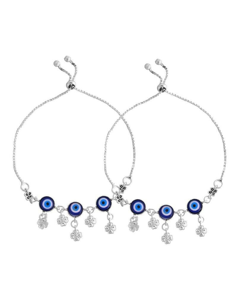 VOJ Set Of 2 Silver Plated Evil Eye Handcrafted Anklets 