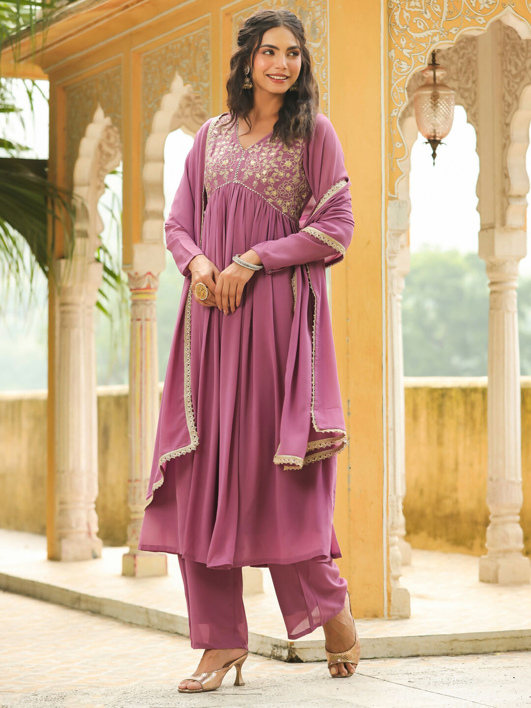 Janasya Lavender Georgette Yoke Embroidery Kurta,Bottom & Dupatta 