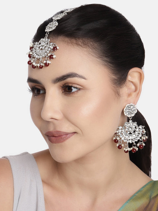 Women Rhodium Plated With Stunning Matte Finish Traditional Kundan & Faux Pearl Chandbali Earrings With Maang Tikka Set - Wahe Jewels