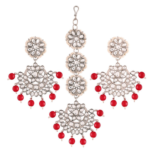 Women Rhodium Plated With Stunning Matte Finish Traditional Kundan & Faux Pearl Chandbali Earrings With Maang Tikka Set - Wahe Jewels