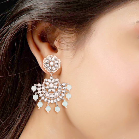 Gold-Polished With Matte Finish Traditional Kundan & Faux Pearl Chandbali Earrings With Maang Tikka Set - Wahe Jewels